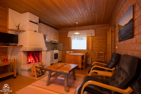 Riverside cabin, living room and kitchen